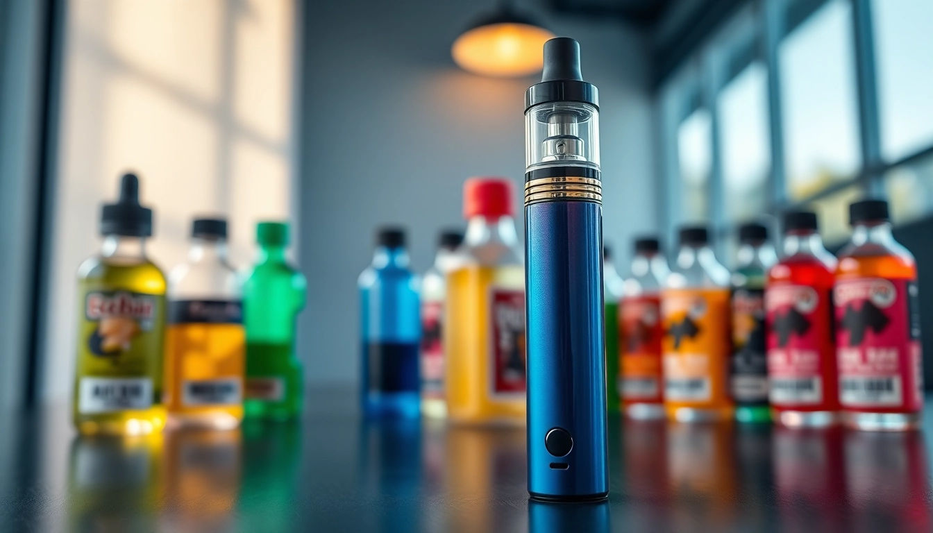 Showcasing an escobar vape pen surrounded by colorful e-liquids, highlighting modern vaping lifestyle.