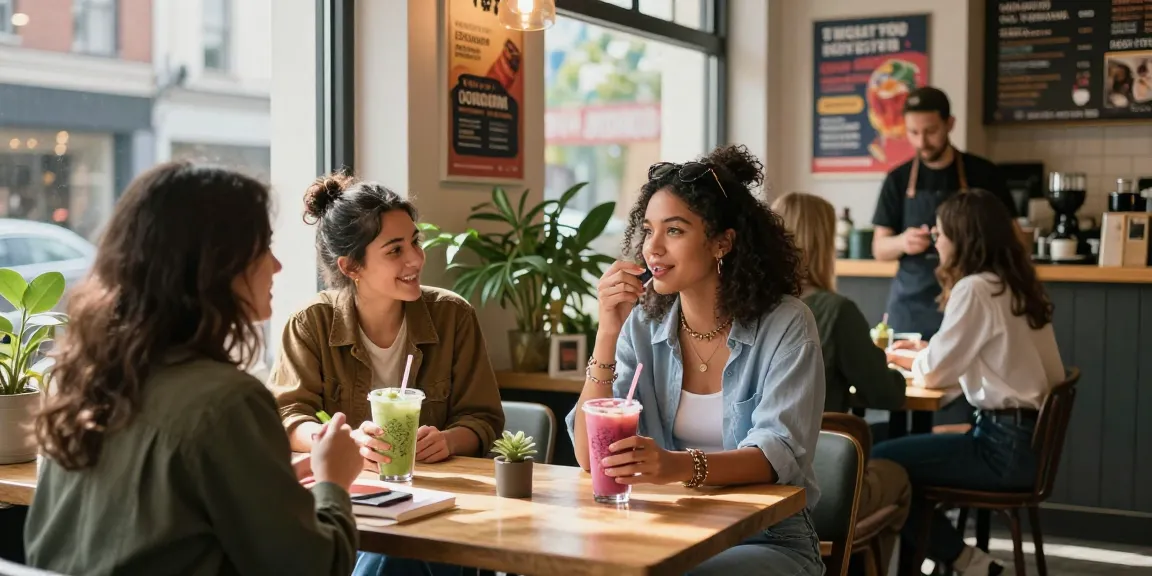 Young woman with friends at café enjoying their crush on social interactions.