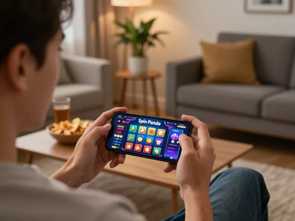 Engaging in gameplay at spinpanda online casino using a smartphone in a cozy living room setting.