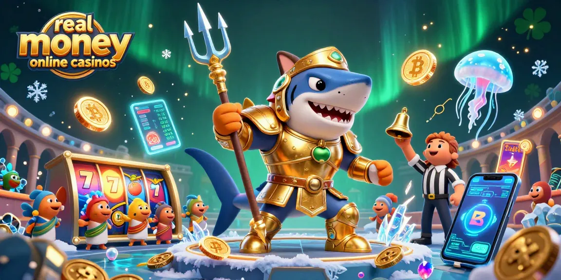 Experience thrilling gaming at real money online casinos with a 3D tiger shark and crypto symbols.