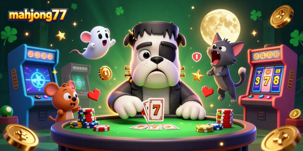 Experience thrilling wins with Mahjong777 as a Frankenstein bulldog deals cards at a ghostly casino table.