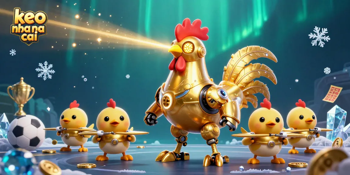 Engage with keo nha cai through a vibrant sports betting scene showcasing a golden rooster robot and baby chick drones.