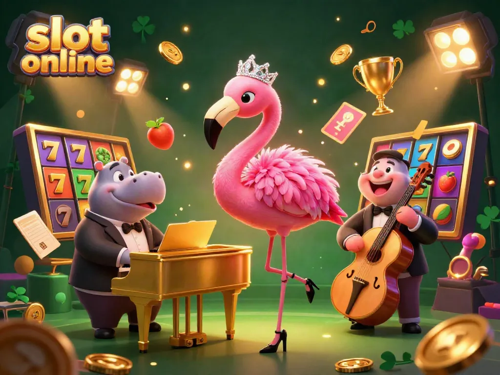 Mainkan slot online dengan dekorasi meriah, menampilkan penyanyi flamingo dan pemain bass hippo dalam suasana kasino