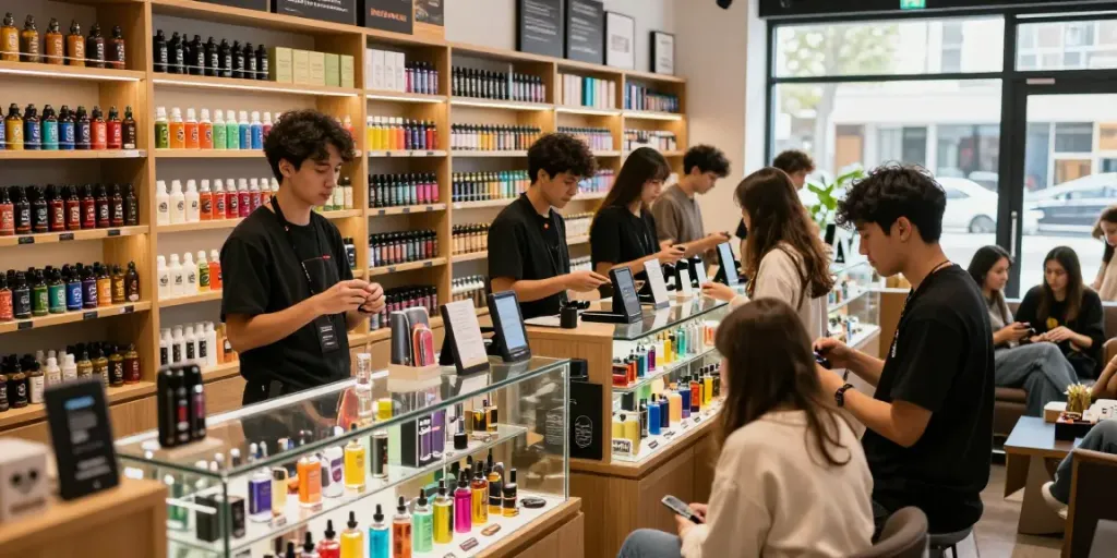 Vape juice online shopping experience at a modern vape shop with diverse customers.