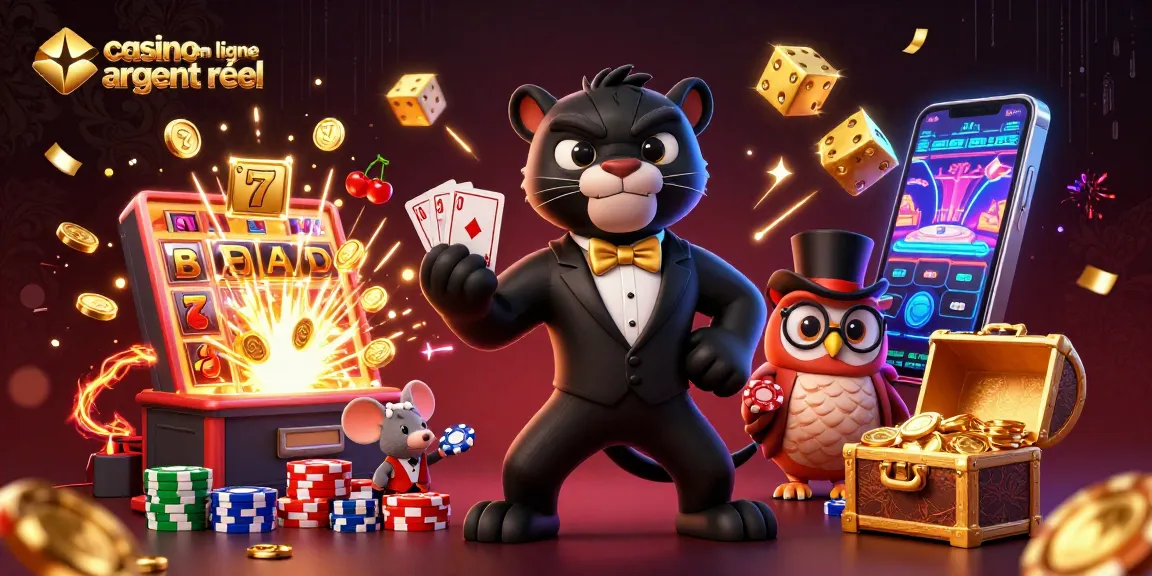 Jouez au casino en ligne argent réel avec une panthère élégante distribuant des cartes et des jetons.