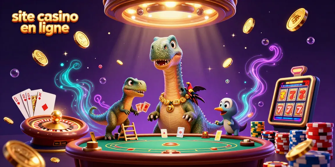 Illustration dynamique d'un site casino en ligne avec un dinosaure et des cartes de jeu.