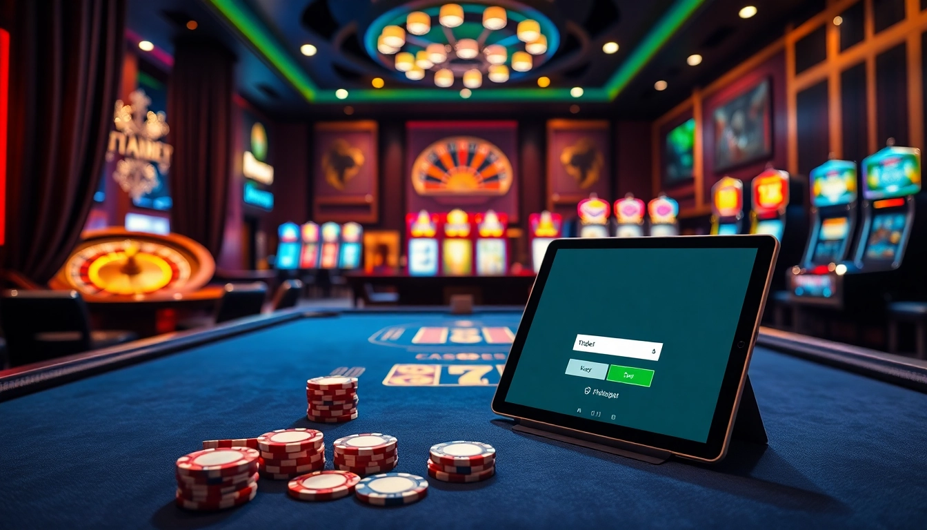 Experience thabet đăng nhập with a luxurious casino atmosphere, featuring poker chips and elegant gaming tables.