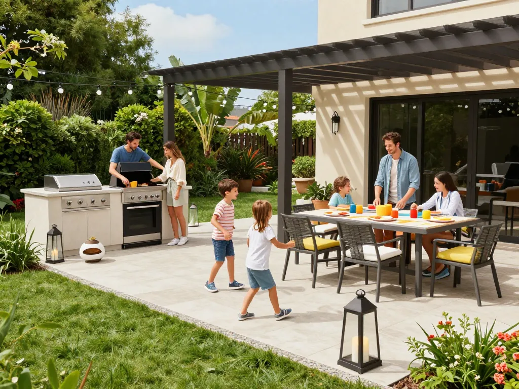 Enjoying an outdoor living configurator setup with a family grilling and playing in a beautifully landscaped backyard.