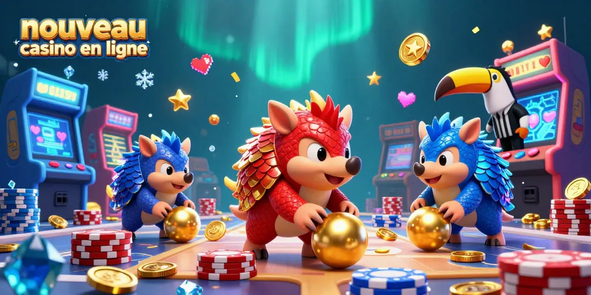 Découvrez le nouveau casino en ligne avec des pangolins rivaux jouant dans un univers vibrant rempli de jetons et de machines à sous.