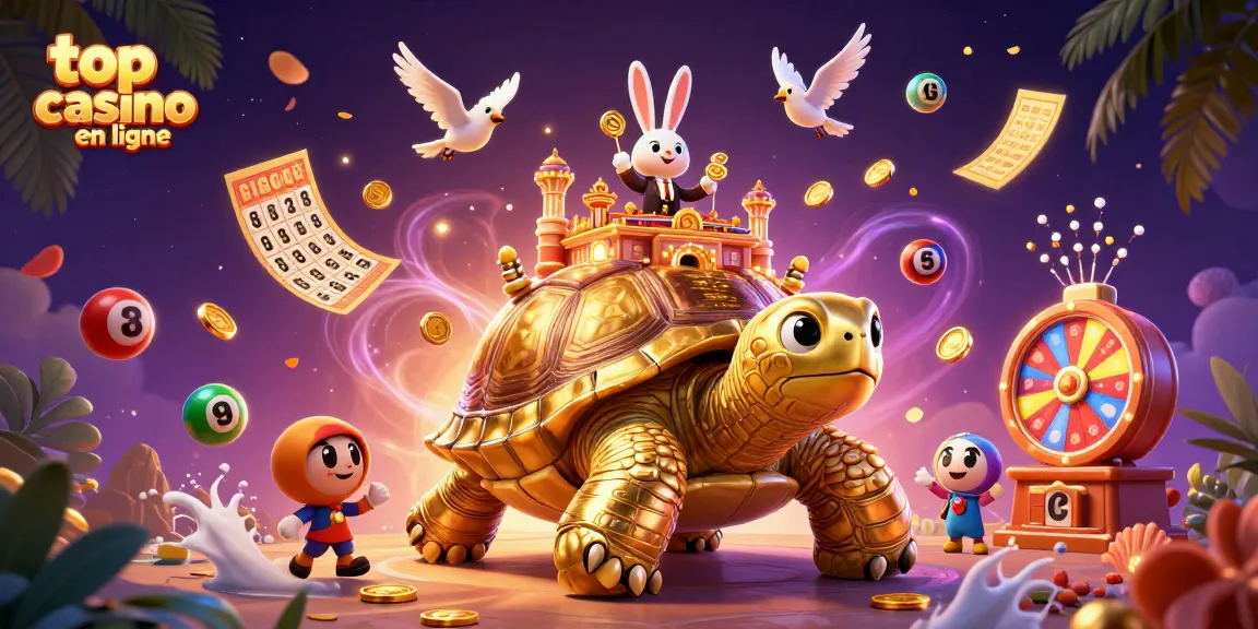 Jouez au top casino en ligne avec cette illustration 3D captivante incluant tortue dorée et croupier.