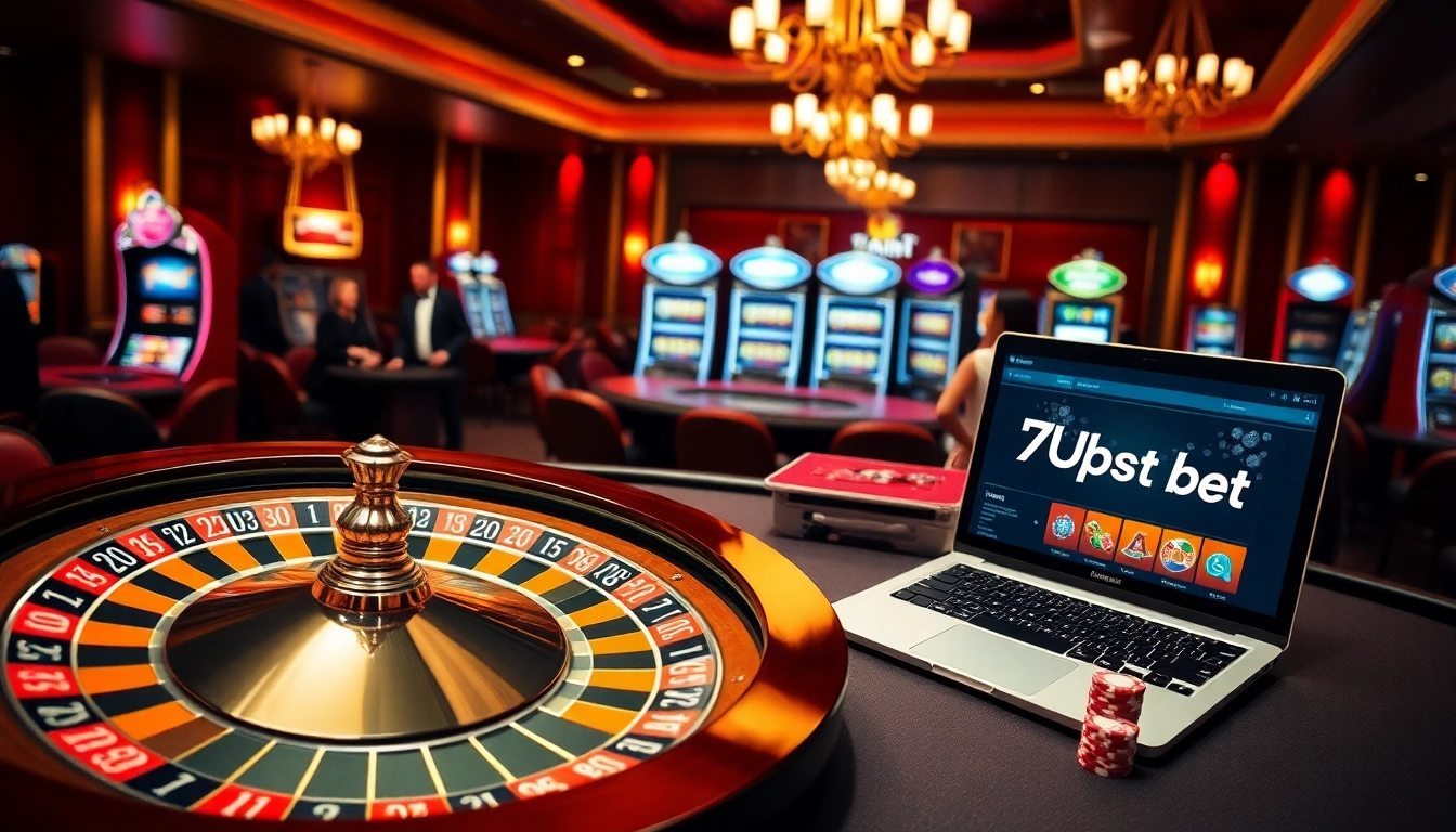 Experience the excitement of 7upbet with vibrant casino tables, roulette wheels, and poker chips.