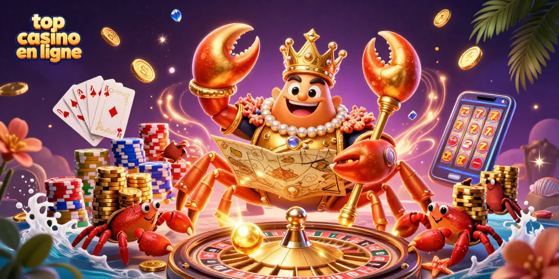 Visualisez le top casino en ligne avec un crabe doré, des jetons et des jeux de cartes.