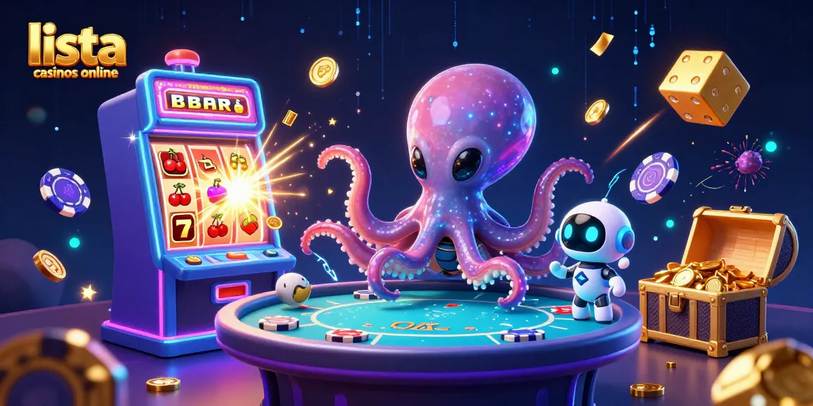 La imagen muestra la lista de casinos online con un pulpo alienígena en una mesa de póker holográfica rodeado de elementos del casino.