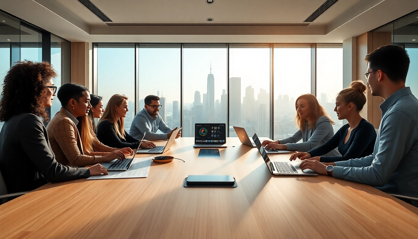 Team collaborating using an enterprise assistant platform in a modern workspace.