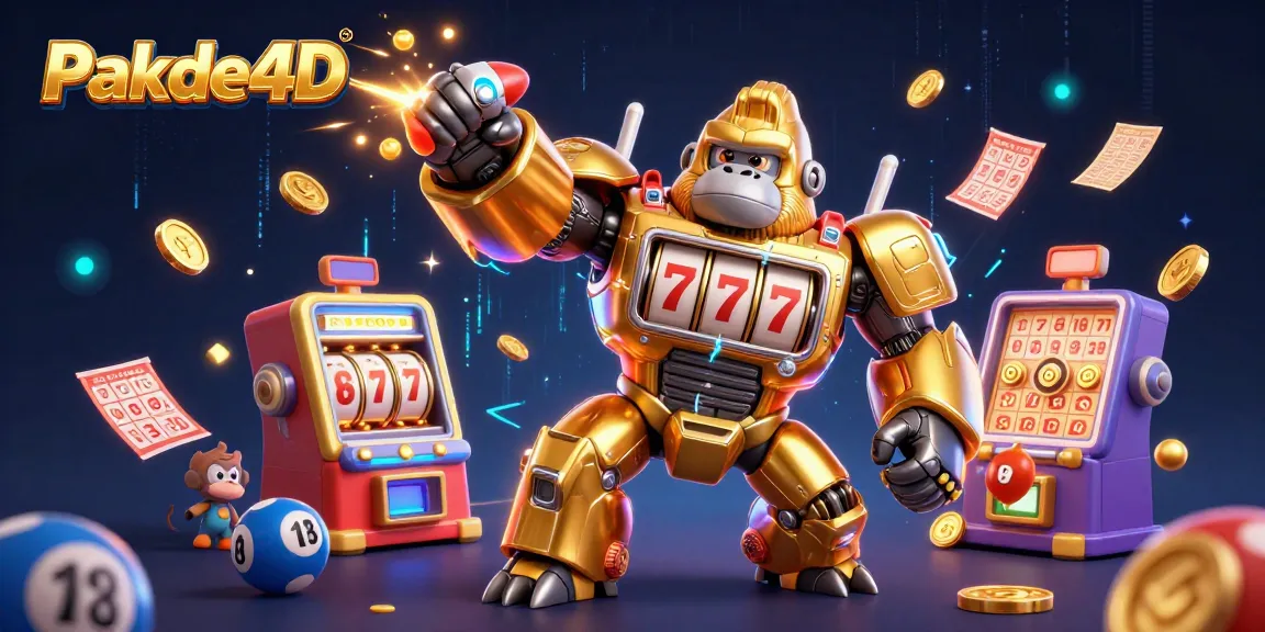 Engage with Pakde4D's dynamic lottery scene featuring a playful golden gorilla mech and exciting visual elements.