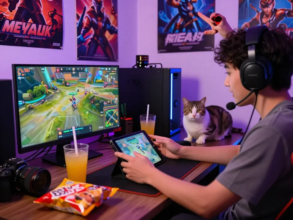 Engaging gaming scene with go88 user immersed in multiplayer action amidst snacks and lively atmosphere