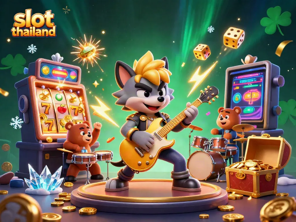 Experience thrilling slot gameplay with slot thailand featuring a rock star wolf and a drummer bear on an exciting casino stage.