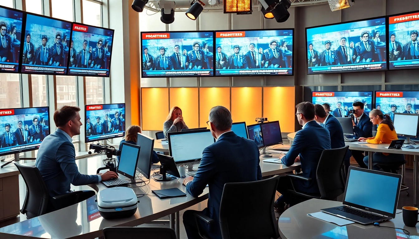 Journalists reporting breaking news in a professional newsroom