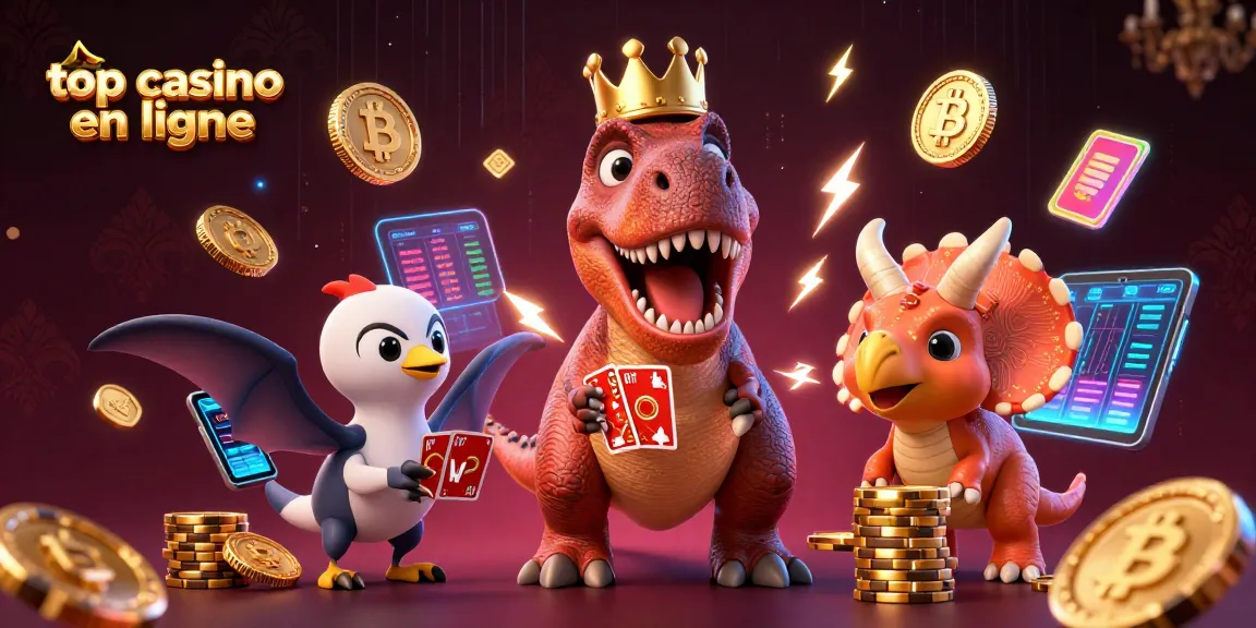 Des personnages de casino comme un T-Rex et un tricératops illustrent le top casino en ligne dans une scène ludique.