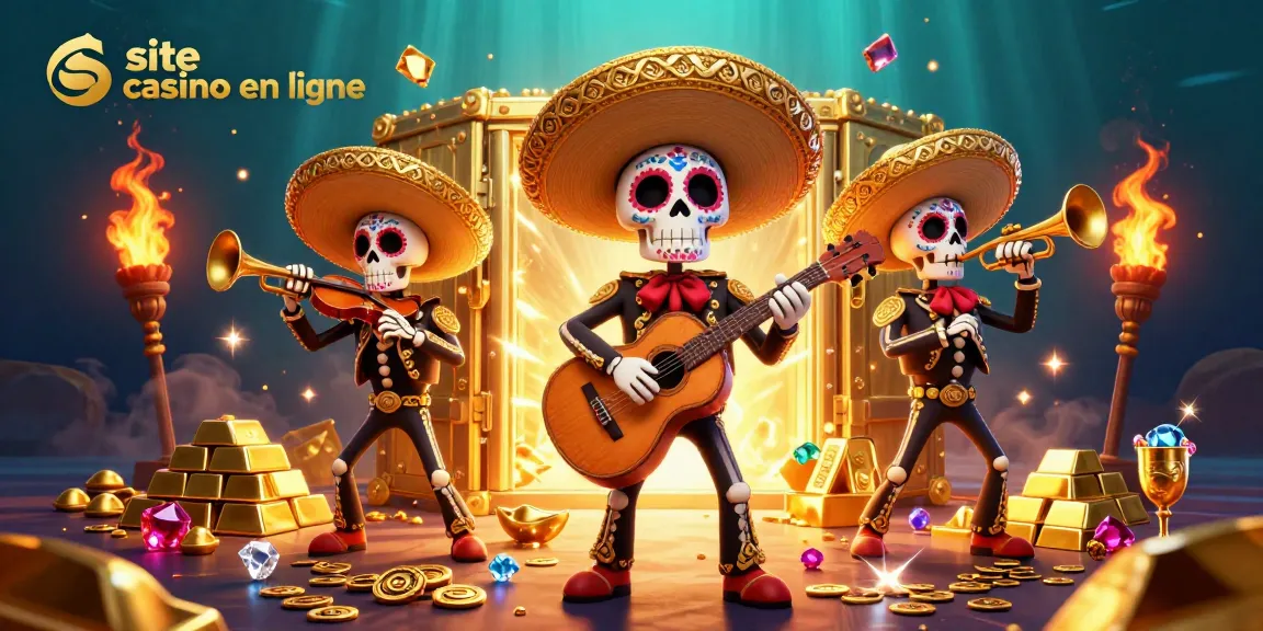 Une scène animée avec un site casino en ligne mettant en avant un groupe de mariachi squelettes jouant dans un coffre au trésor d'or.