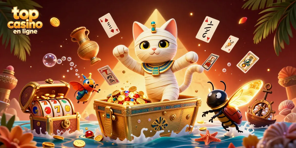 Visuel vibrant présentant un top casino en ligne avec un chat momie égyptien et des jeux de machines à sous.