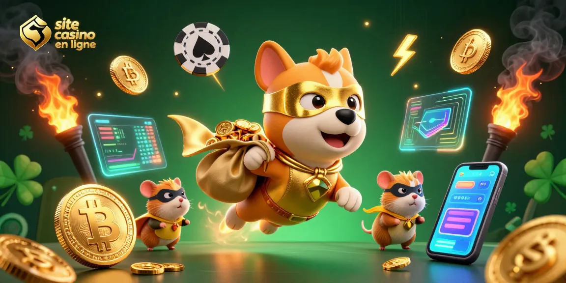 Cette illustration captivante présente le site casino en ligne avec un chien super-héros et des pièces de cryptomonnaie.