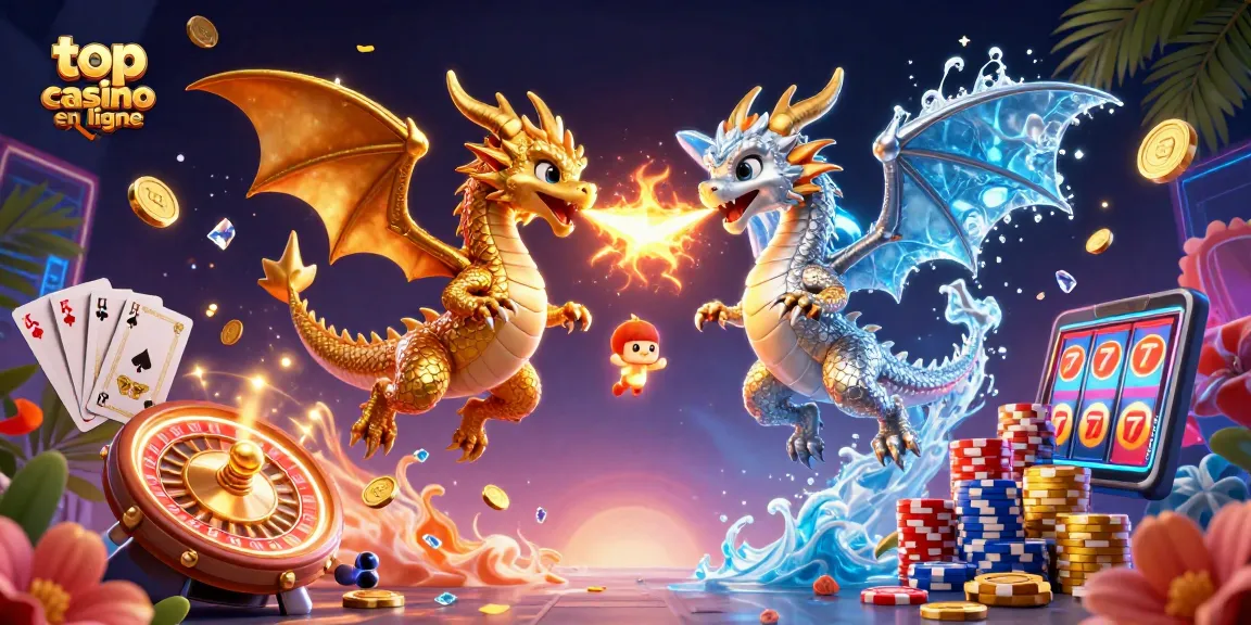 Visitez le meilleur casino en ligne avec cette illustration dynamique de dragons et éléments de jeu.