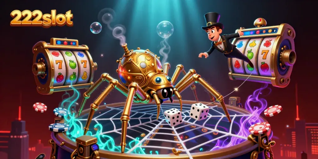 Permainan slot 222slot dengan karakter arachnid steampunk dan suasana kasino yang penuh warna.
