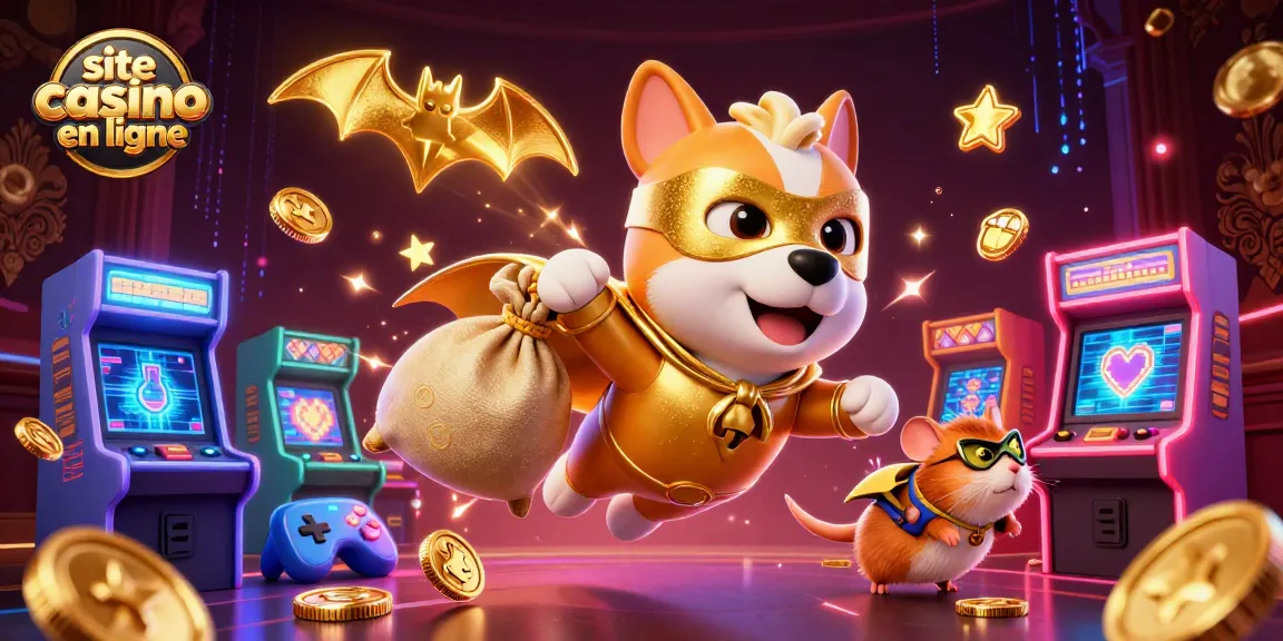 Plongez dans l'univers des jeux avec ce site casino en ligne captivant, où un chien super-héros et son ami sont entourés de machines à sous scintillantes.