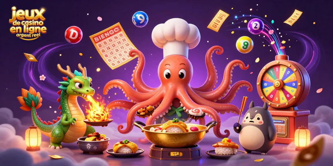 Venez découvrir les jeux de casino en ligne argent réel avec un octopus chef et un dragon au wok doré.
