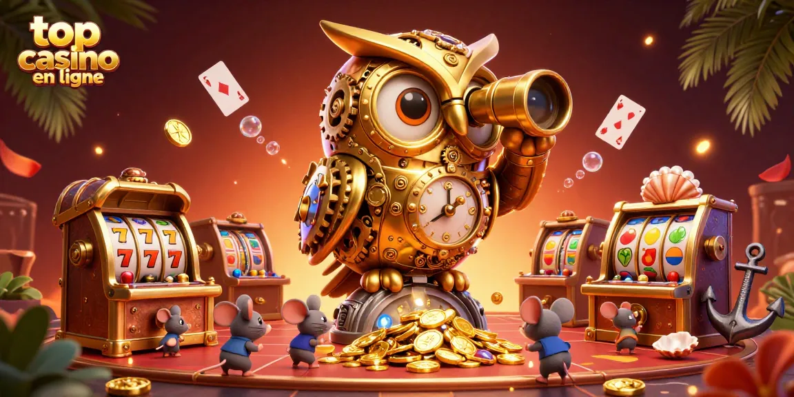 Le top casino en ligne représente un hibou doré et des souris dans un univers de jeux de casino dynamique.