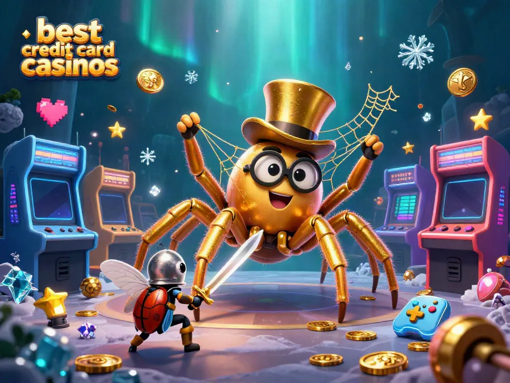 Engage with the best credit card casinos illustrated by a golden tarantula and a knight in a vibrant casino scene.