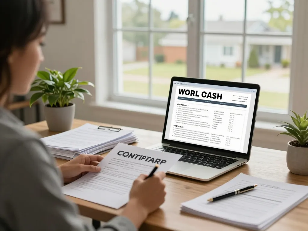 We buy houses for cash with a real estate agent reviewing contracts in a bright home office.