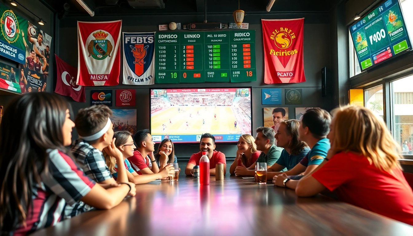 Group enjoying sports betting in Mexico, vibrant setting with live sports excitement.