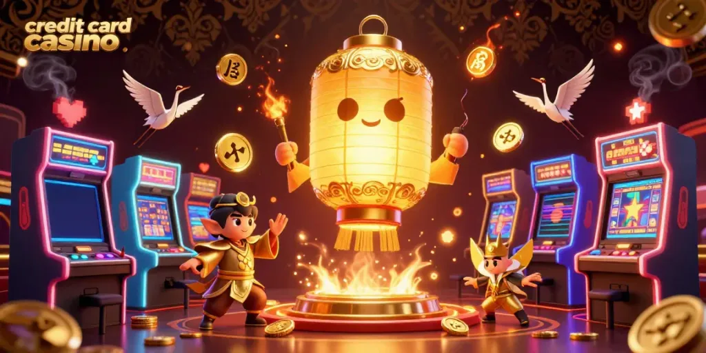 Experience the excitement of a credit card casino with a glowing golden lantern spirit and vibrant gaming elements.