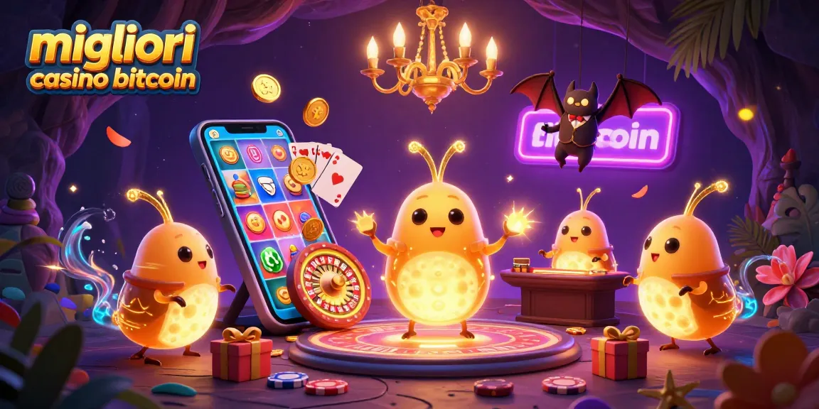 Scopri i migliori casino bitcoin con la nostra illustrazione vibrante, caratterizzata da giochi luminosi.