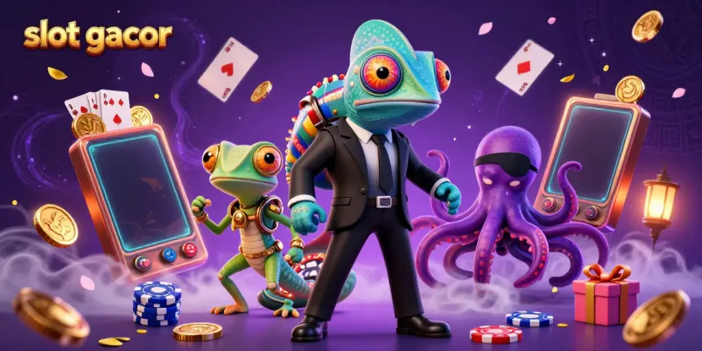 Slot gacor dengan chameleon, gecko, dan gurita dalam ilustrasi tiga dimensi penuh warna.