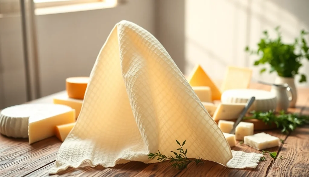 Kaasdoek met verschillende kazen en verse kruiden op een houten tafel