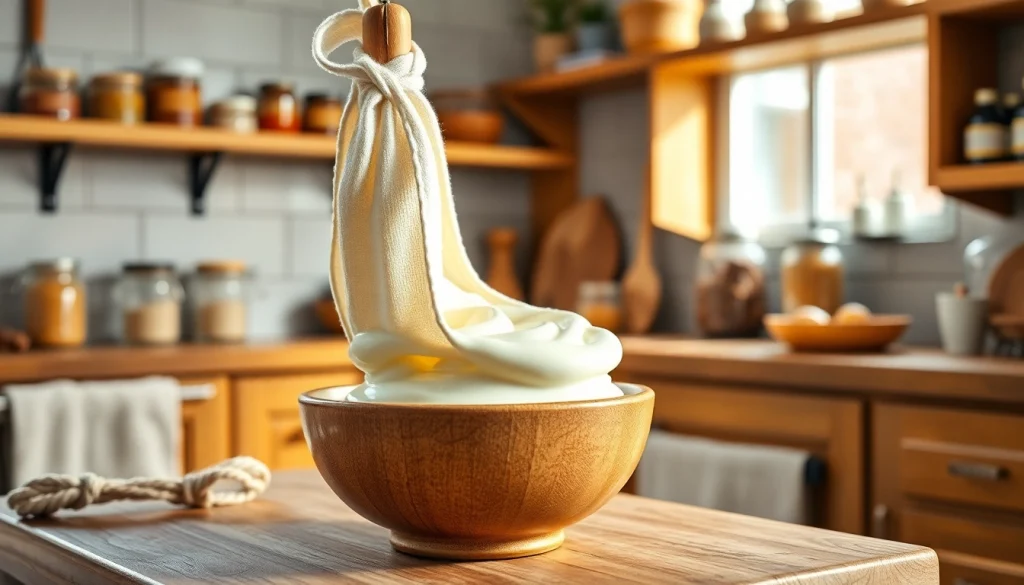 Gebruik van kaasdoek om yoghurt te zeven in een rustieke keuken.