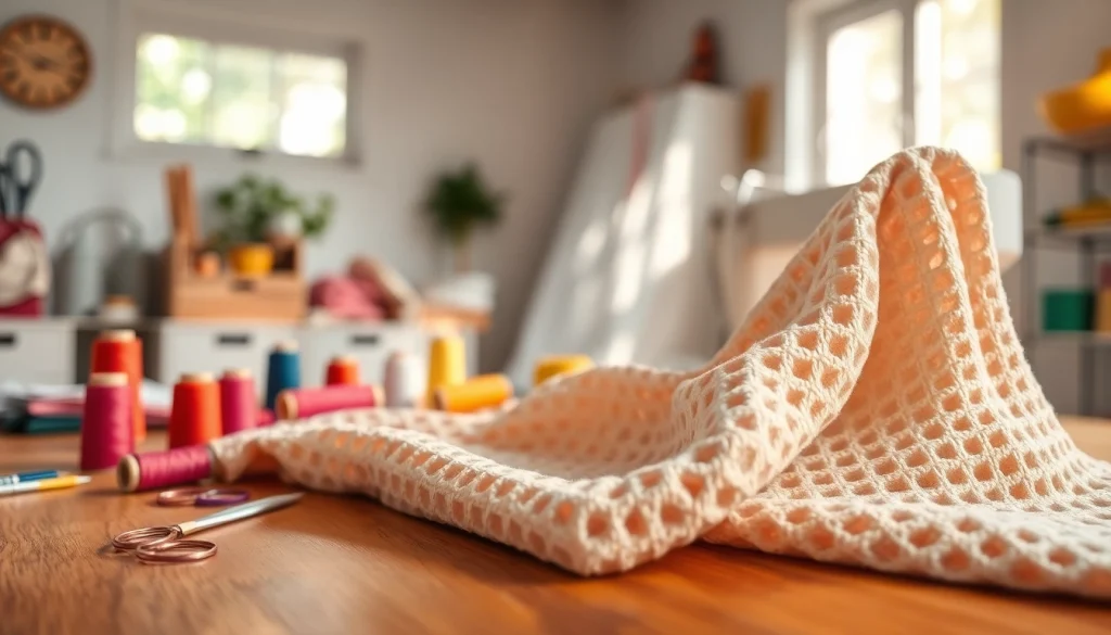 Wafel katoen stof met kleurrijke garens en naaigereedschap op een tafel.