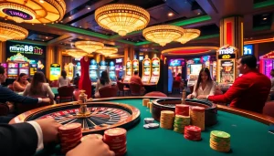 Experience the thrill of mm88 video as players enjoy engaging poker games and vibrant slot machines in a luxurious casino atmosphere.