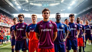 Team kit showcased on diverse athletes in a vibrant stadium, embodying teamwork and energy.