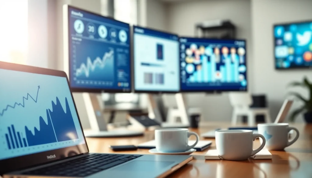 View of a vibrant digital workspace showing the best smm panel analytics on multiple screens.