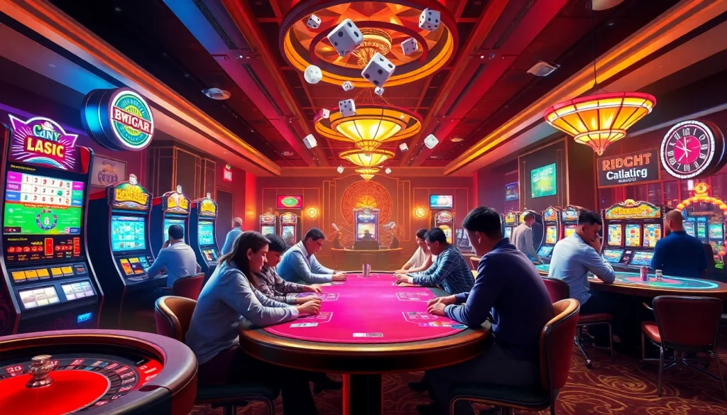 A lively casino scene featuring poker tables, slot machines, and dice capturing the essence of KJC AC 3.