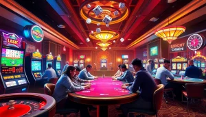 A lively casino scene featuring poker tables, slot machines, and dice capturing the essence of KJC AC 3.