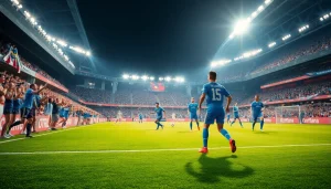 축구중계에서 선수들이 경기 중인 장면과 관중의 열광적인 반응을 담은 사진