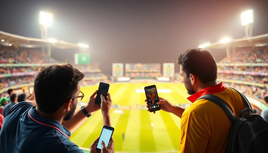 Engaged bettors using sports betting apps India during a vibrant cricket match.