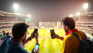 Engaged bettors using sports betting apps India during a vibrant cricket match.