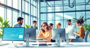 Creating innovative solutions in Technology through collaboration and modern tools in a bright office.