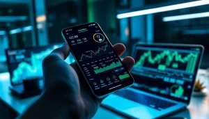 Crypto mining app displayed on a smartphone showcasing dynamic mining interface and statistics in a modern office setting.